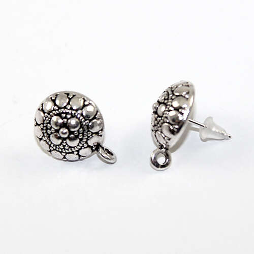 12mm Spot Pattern Drop Stud Earrings - Pair - Antique Silver