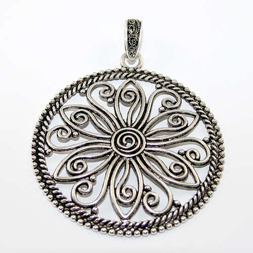 60mm Carved Flower Round Pendant - Antique Silver