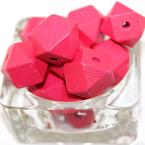 20mm Polyhedron Faceted Hinoki Wood Beads - Fuchsia