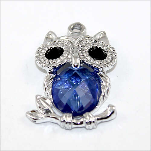 30mm Owl Blue Rhinestone Pendant - Platinum