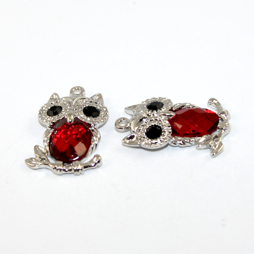 30mm Owl Red Rhinestone Pendant - Platinum
