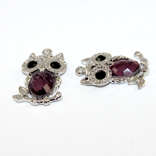 30mm Owl Purple Rhinestone Pendant - Platinum