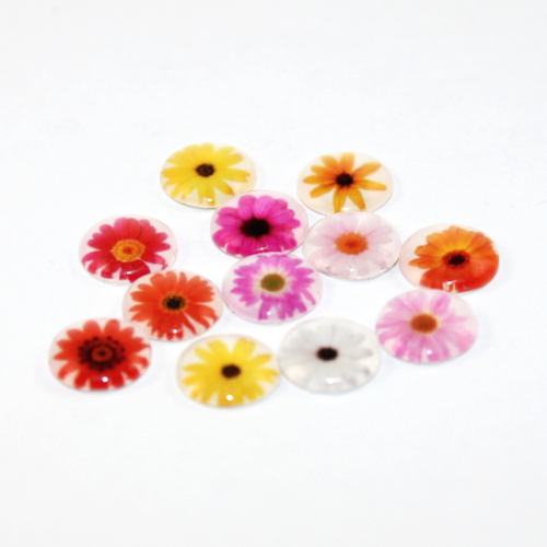 12mm Large Flower Round Glass Cabochon - Mixed Flowers - Mixed Colours