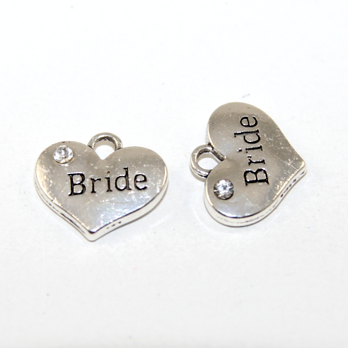 Bride Heart Charm with Clear Rhinestone - Platinum