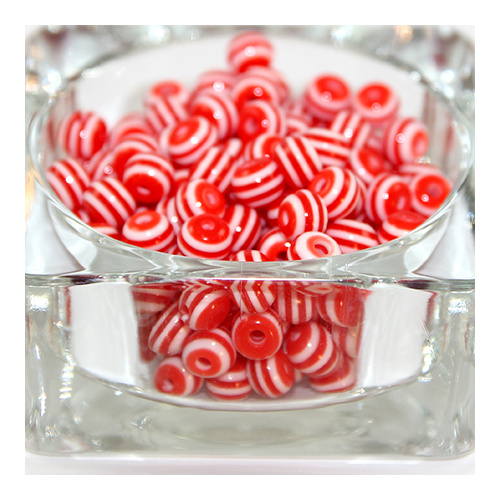 Striped Resin 8mm Bead - Red & White - 100 Piece Bag