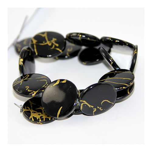 25mm Spray Painted Flat Round Shell Beads - 40cm Strand - Black & Gold