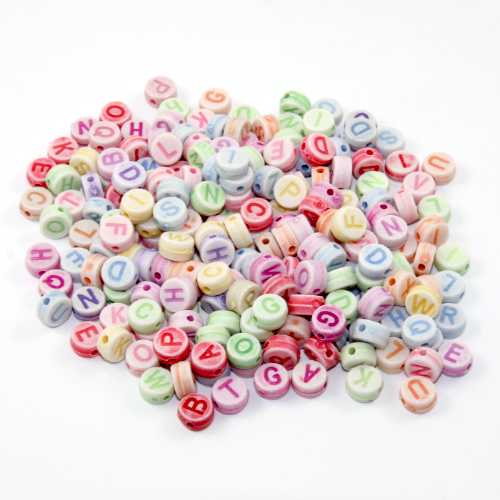 7mm Alphabet Acrylic Flat Round Bead Mix - Mixed Colours - 200 Piece Bag