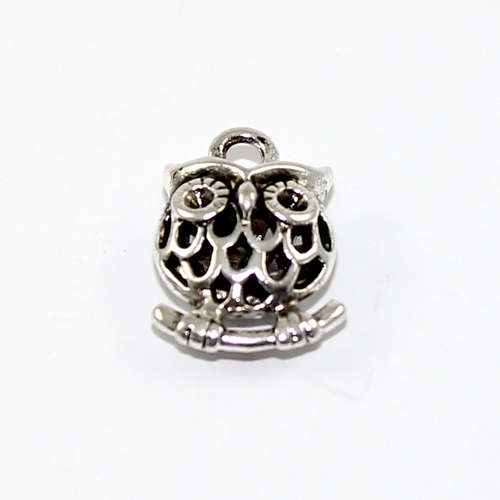 Puffy Owl Charm - 17mm - Antique Silver