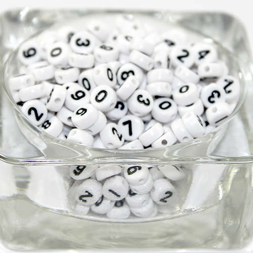 7mm Number Acrylic Flat Round Beads - White & Black - Set of 10