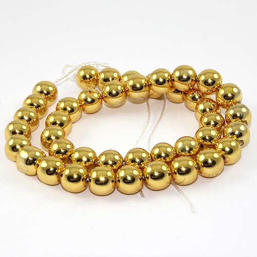 10mm Electroplated Hematite Beads - 38cm Strand - Gold Plated