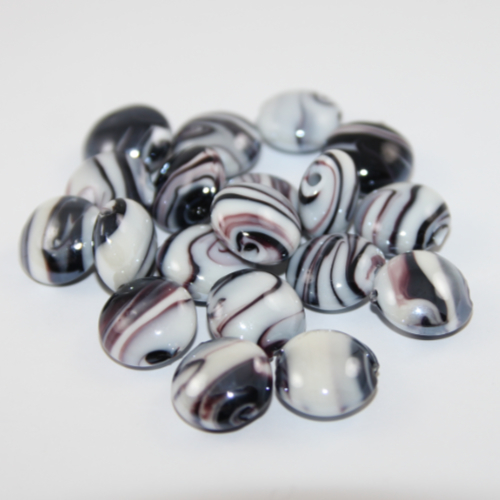 16mm Flat Round Handmade Lampwork Beads - Purple & White - 10 Piece Bag