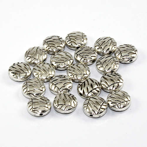 10mm Etched Leaf Flat Round Bead - Antique Silver