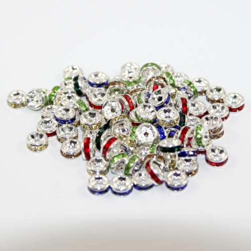 6mm Round Rhinestone Rondelle - Mixed Colours - Silver