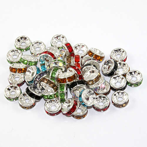 8mm Round Rhinestone Rondelle - Mixed Colours - Silver