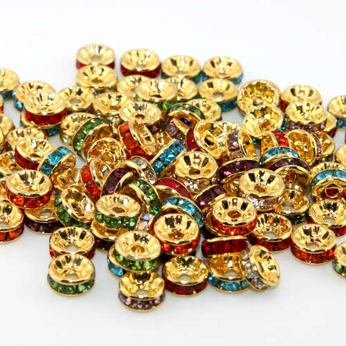 8mm Round Rhinestone Rondelle - Mixed Colours - Gold