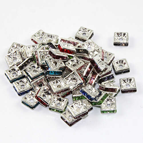 6mm Square Rhinestone Rondelle - Mixed Colours - Silver