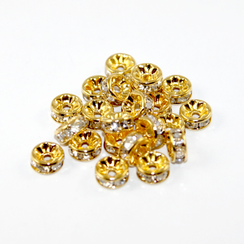 8mm Round Rhinestone Rondelle - Crystal - Gold