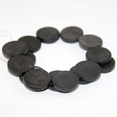 25mm x 5mm Flat Round Brazilian Natural Black Stone Beads - 38cm Strand