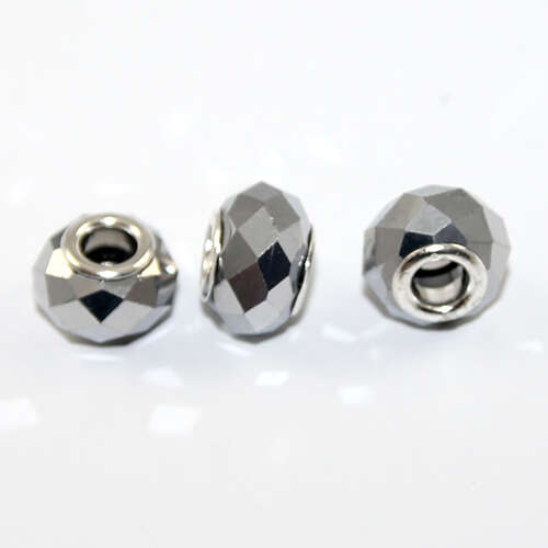 14mm x 9mm Lampwork Glass Faceted Euro Bead with a Antique Silver Plate Core - Silver