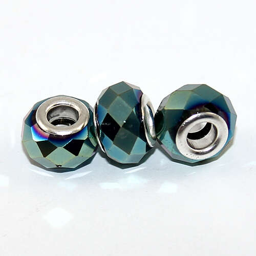 14mm x 9mm Lampwork Glass Faceted Euro Bead with a Antique Silver Plate Core - Green AB