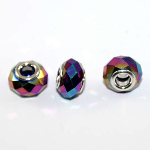 14mm x 9mm Lampwork Glass Faceted Euro Bead with a Antique Silver Plate Core - Rainbow AB
