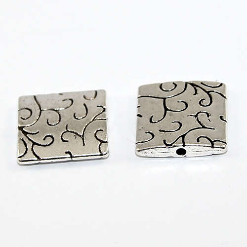 15mm Flat Square Swirl Pattern Bead - Antique Silver