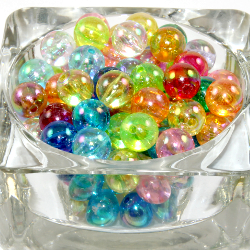 10mm Transparent Round AB Acrylic Beads - Mixed Colours - 100 Piece Bag