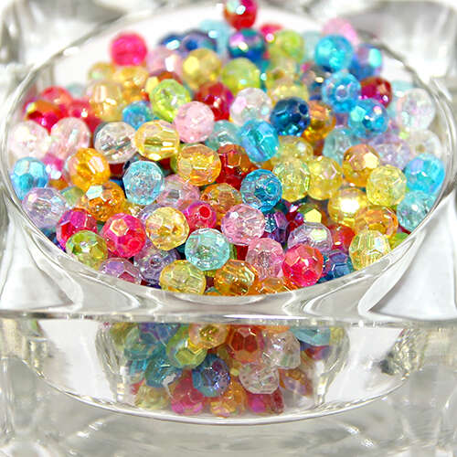 6mm Transparent Faceted Round AB Acrylic Beads - Mixed Colours - 100 Piece Bag