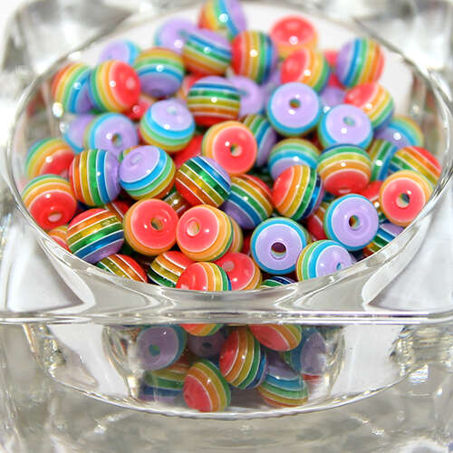 Striped Resin 8mm Bead - Rainbow & White  - 100 Piece Bag