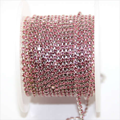 2mm - SS6 Light Rose Rhinestone Cupchain - Silver - Sold in 10cm Increments