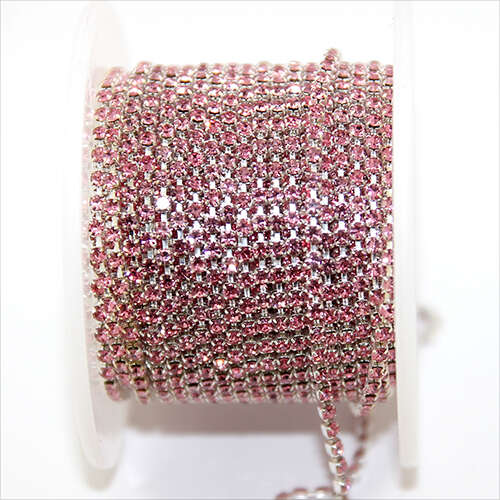 2mm - SS6 Light Rose Rhinestone Cupchain - Silver - Sold in 10cm Increments
