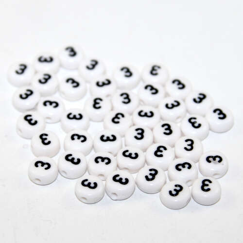 7mm Number 3 Acrylic Flat Round Beads - White