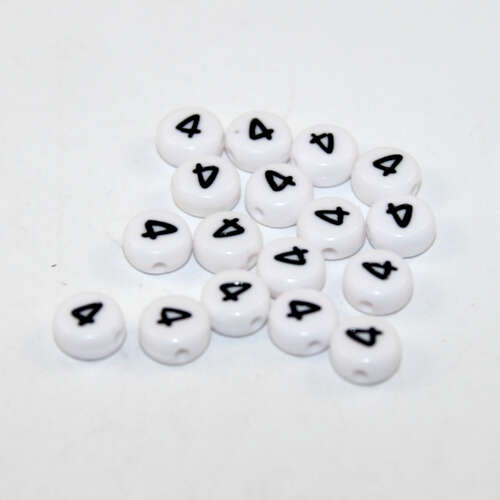 7mm Number 4 Acrylic Flat Round Beads - White