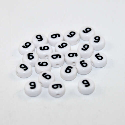 7mm Number 9 Acrylic Flat Round Beads - White