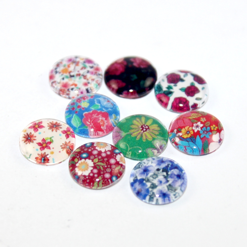 12mm Flower Patterned Glass Cabochon - Mixed Colours