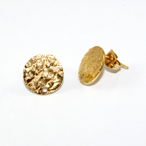12mm Round Textured 304 Stainless Steel Drop Stud with Butterfly Back - Pair - Bright Gold - 5 Pairs