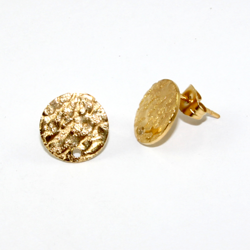 12mm Round Textured 304 Stainless Steel Drop Stud with Butterfly Back - Pair - Bright Gold