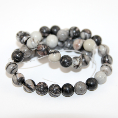 8mm Natural Black Silk Stone Round Beads - 38cm Strand