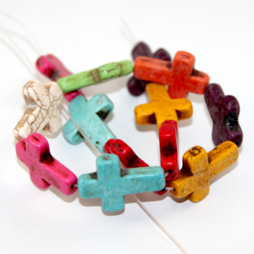 30mm x 22mm x 6mm Dyed Howlite Cross Bead - 13 Piece Strand - Mixed Colours