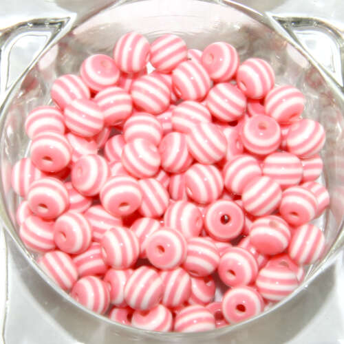 Striped Resin 8mm Bead - White & Pale Pink - 100 Piece Bag