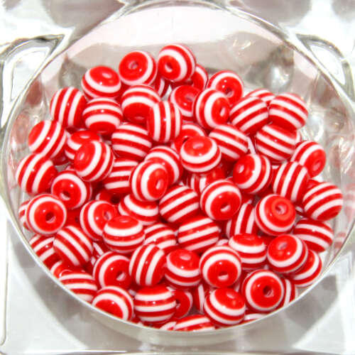 Striped Resin 8mm Bead - White & Red - 100 Piece Bag