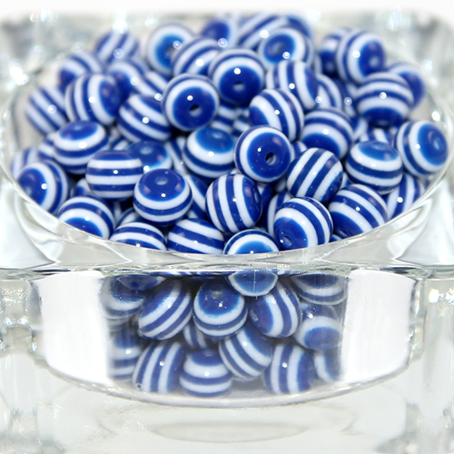 Striped Resin 8mm Bead - White & Navy Blue - 100 Piece Bag