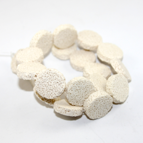 21mm Flat Round Natural Dyed Lava Beads - 40cm Strand  - White