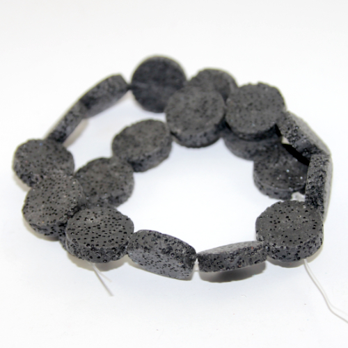 21mm Flat Round Natural Lava Beads - 40cm Strand  - Black