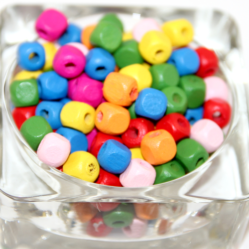 Mixed Colours 8mm Cube Wooden Beads - 100 Piece Bag