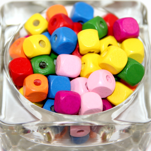 Mixed Colours 10mm Cube Wooden Beads - 50 Piece Bag