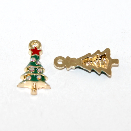 Christmas Tree Charm - Green Enamel & Rhinestone - Pale Gold - Pair