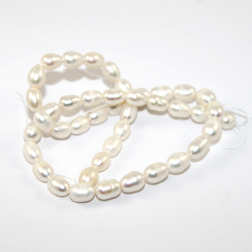 7mm x 6mm Natural Potato Rice Freshwater Pearl Beads 32cm Strand - White