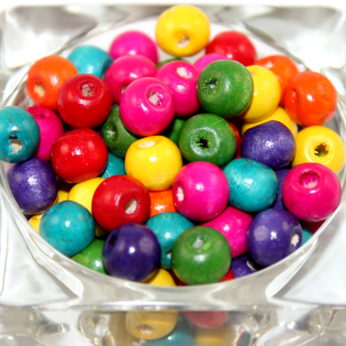10mm Dyed Wooden Beads - 50 Piece Bag - Mixed Colours