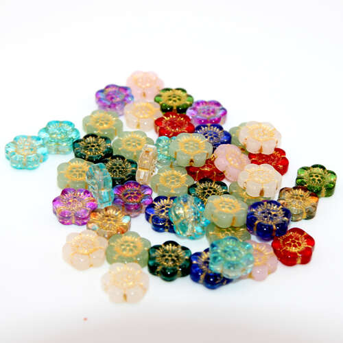Mixed Colours 13mm x 14mm Glass Flower Beads with Gold Plate Detail - Pack of 10